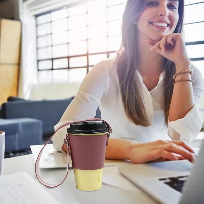 ويوبلز أكمام أكواب القهوة، أكمام أكواب قهوة قابلة لإعادة الاستخدام مصنوعة من جلد البولي يوريثان مع حزام كتف، غطاء كوب مشروبات جلدي، حامل أكواب محمول، حامل مشروبات أنيق معزول، شاي ساخن، أحمر بنفسجي - Image 1